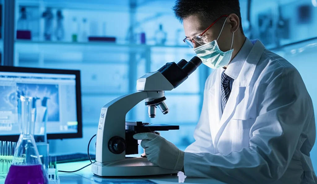 Un ricercatore in un laboratorio moderno osserva al microscopio campioni di cellule linfomatose. Sullo sfondo, schermi mostrano dati e grafici relativi alla β2-microglobulina e all'HIV. Illuminazione da laboratorio precisa, lente prime 50mm, profondità di campo per mettere a fuoco il ricercatore e il microscopio, con dettagli nitidi sulle attrezzature.