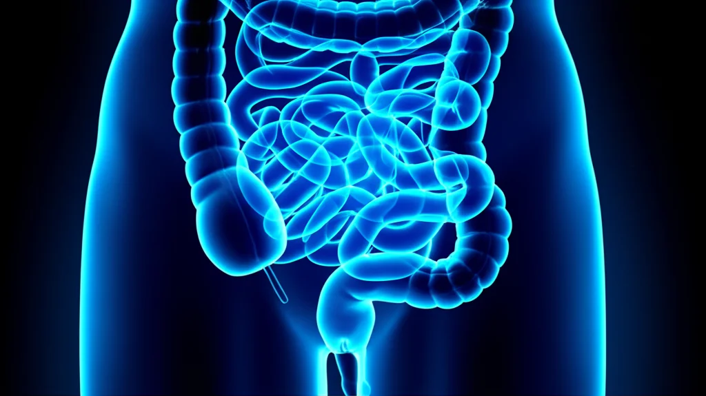 Visualizzazione artistica della chemiluminescenza che illumina un colon infiammato, concetto di rilevamento precoce della colite ulcerosa, colori blu e arancio duotone, profondità di campo.