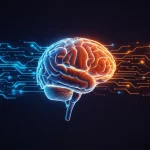 Visualizzazione concettuale di un cervello digitale luminoso connesso a diverse interfacce utente stilizzate che si adattano dinamicamente. Flussi di dati colorati rappresentano il feedback umano e l'apprendimento per rinforzo che convergono verso il cervello. Obiettivo prime da 35mm, effetto duotone blu elettrico e arancione caldo, profondità di campo accentuata per mettere a fuoco il cervello digitale e i flussi di dati.