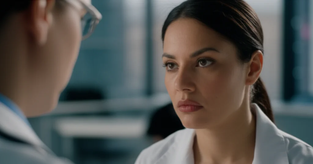 A woman looking distressed or thoughtful in a clinical setting, representing the complexity of consent in healthcare decisions, 35mm portrait, depth of field, controlled lighting.