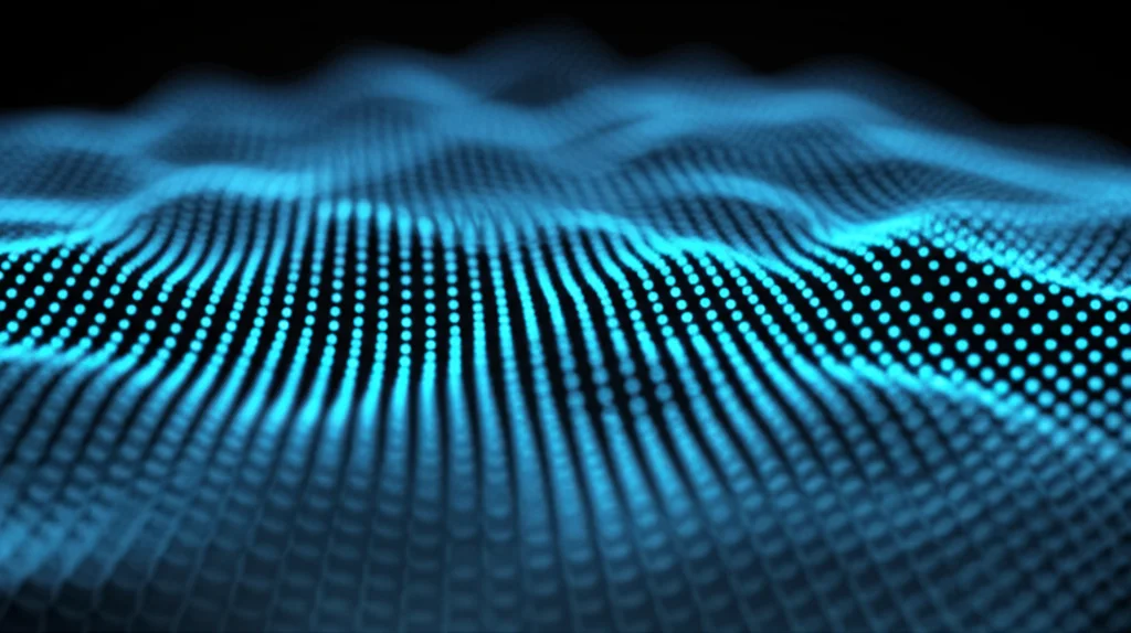 Fotografia astratta e fotorealistica di particelle blu luminose che si organizzano da uno stato caotico a un pattern ordinato (come un reticolo esagonale) su uno sfondo scuro e tecnologico, simboleggiando il metodo di rilassamento delle particelle in SPH. Wide-angle lens, 20mm, long exposure, sharp focus, high detail.