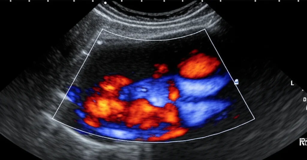 Fotografia medica realistica di un'ecografia Doppler che mostra il flusso sanguigno in un'arteria carotide con segni iniziali di aterosclerosi. Obiettivo macro, 90mm, alta definizione, illuminazione controllata per evidenziare i dettagli del flusso colorato (rosso e blu) e la minima irregolarità della parete arteriosa.