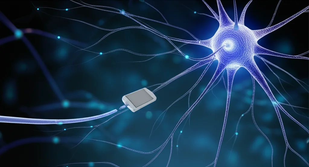 Immagine concettuale, macro lens, 100mm, di un neurone danneggiato che viene riparato da molecole luminose (Cerebrolysin) accanto a un dispositivo medico stilizzato (trombectomia), high detail, precise focusing, controlled lighting, sfondo scuro per far risaltare gli elementi.