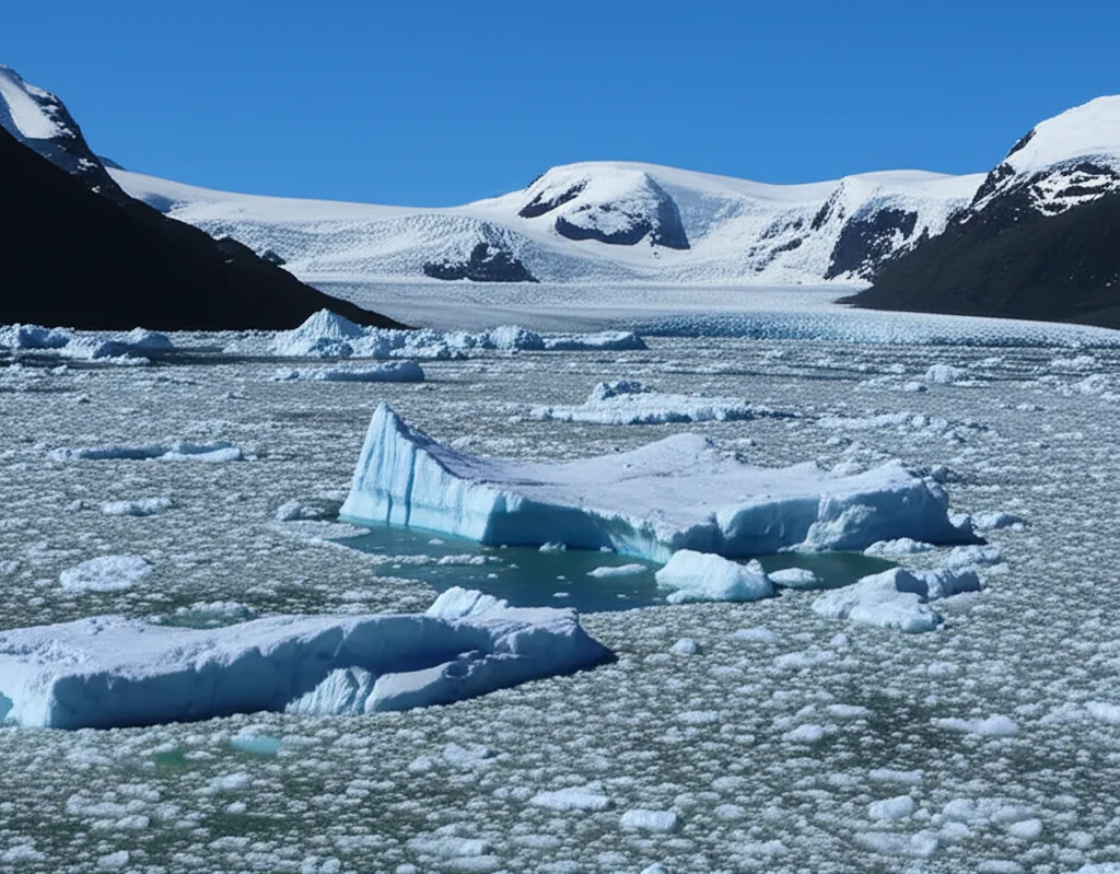 Immagine fotorealistica dell'Oceano Atlantico settentrionale durante l'Ultimo Massimo Glaciale, con imponenti iceberg che si staccano da vaste calotte di ghiaccio continentale. Le correnti profonde NADW sono visualizzate con scie luminose bluastre che si muovono nelle profondità oceaniche. Obiettivo grandangolare 10-24mm, lunga esposizione per rendere l'acqua liscia e le scie delle correnti eteree, focus nitido sugli iceberg e sulle texture del ghiaccio.