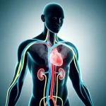 Immagine fotorealistica, obiettivo 35mm, che mostra una silhouette umana stilizzata. All'interno della silhouette, i sistemi cardiovascolare, renale e metabolico sono evidenziati da linee luminose interconnesse (blu per vene/reni, rosso per arterie/cuore, giallo per metabolismo). Sottili filamenti di fumo grigio interagiscono con queste linee, specialmente nell'area del cuore e dei reni. Lo sfondo è neutro, con una leggera profondità di campo. La palette di colori è duotone blu e grigio per un effetto clinico ma d'impatto.