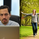 Photorealistic portrait of a remote worker looking slightly isolated at a desk, contrasted with a wide-angle landscape shot of someone walking happily in a park, 24mm lens, depth of field.
