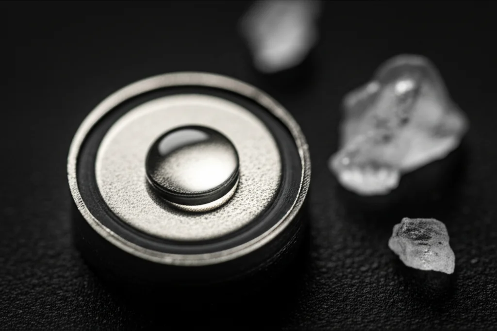 Primo piano fotorealistico di una cella a bottone di una batteria acquosa a ioni di zinco, con un anodo di zinco brillante parzialmente visibile e una goccia di elettrolita trasparente che riflette la luce. Accanto, alcuni cristalli bianchi di aspartame su una superficie scura. Obiettivo macro 100mm, illuminazione da studio controllata per massimizzare i dettagli e la tridimensionalità, alta definizione.