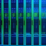 Rack di server in un moderno data center, illuminati da luci LED blu e verdi, che rappresentano un cluster di container. L'immagine trasmette un senso di efficienza e ottimizzazione. Obiettivo grandangolare, 15mm, messa a fuoco nitida, illuminazione controllata, alta definizione.