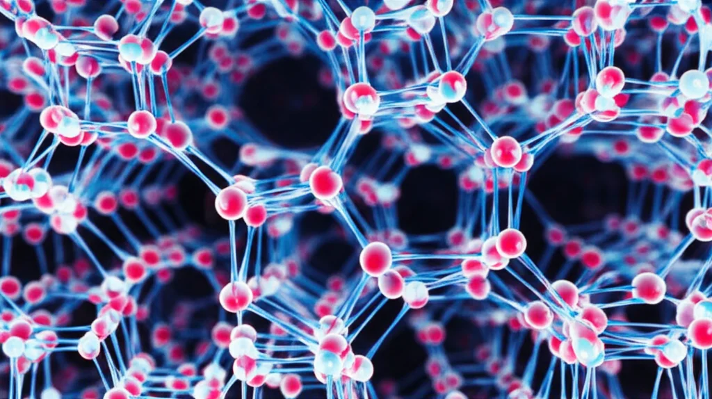 Un rendering artistico e fotorealistico di un materiale MOF (Metal-Organic Framework) che assorbe selettivamente molecole d'acqua dall'aria secca, con un focus sulla struttura porosa. Macro lens, 85mm, high detail, precise focusing, controlled lighting, per enfatizzare la capacità di assorbimento in condizioni aride.