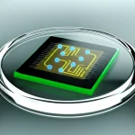 Visualizzazione 3D fotorealistica di un biosensore EGOFET flessibile che rileva biomarcatori (molecole stilizzate) in una goccia di liquido biologico trasparente. Il chip mostra gli elettrodi interdigitati sotto l'interfaccia semiconduttore/elettrolita. Lente macro 60mm, illuminazione soffusa da laboratorio, alta definizione, sfondo leggermente sfocato.