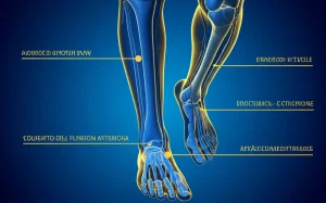 Visualizzazione medica astratta delle arterie periferiche di una gamba, con sovrapposti grafici di ABI, TBI e PVW, concetto di valutazione della funzione arteriosa, colori blu e oro duotone, alta definizione, stile infografica medica, profondità di campo.