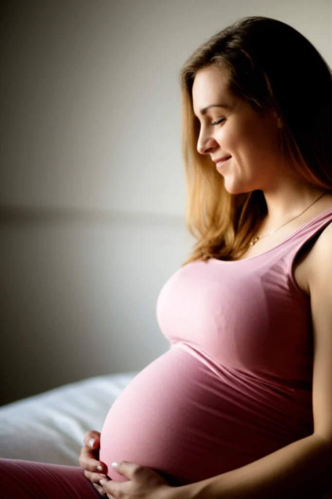A serene portrait of a pregnant woman smiling softly, 35mm lens, soft lighting, depth of field.