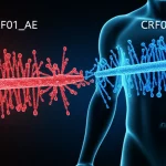 Immagine concettuale astratta che mostra due percorsi divergenti di particelle virali HIV, una rossa (CRF01_AE) e una blu (CRF07_BC), su uno sfondo scuro che simboleggia il corpo umano o una popolazione. La rossa è più diffusa con piccole diramazioni, la blu forma un grande cluster concentrato. Illuminazione drammatica, obiettivo grandangolare 24mm per dare un senso di scala, con dettagli nitidi sulle particelle.