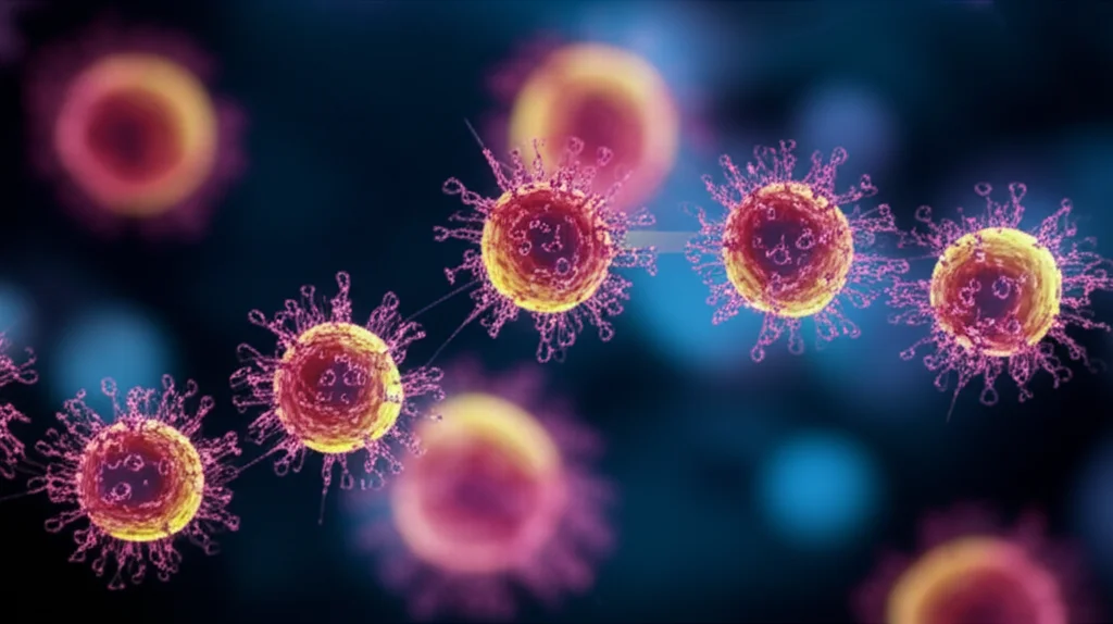 Immagine concettuale astratta di una proteina ESPN che interagisce con la via di segnale PI3K/AKT/mTOR, visualizzata come una rete complessa di molecole luminose su sfondo scuro, con cellule di osteosarcoma sullo sfondo che mostrano segni di motilità. Macro lens, 80mm, high detail, controlled lighting, effetto bokeh per mettere a fuoco l'interazione proteica.