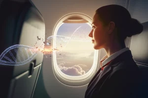 Immagine concettuale di un assistente di volo in uniforme che guarda attraverso il finestrino di un aereo in volo tra le nuvole, con una sovrapposizione grafica stilizzata di un filamento di DNA danneggiato e in riparazione. Lente da 35mm, luce naturale soffusa dalla finestra, colori caldi del tramonto all'esterno contrastanti con i toni più freddi e professionali dell'interno cabina. Profondità di campo che mantiene a fuoco l'assistente e il DNA, sfocando leggermente le nuvole.