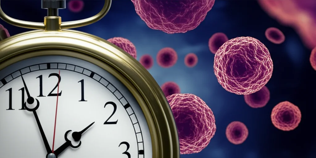 Immagine concettuale di un orologio biologico rotto o frammentato sovrapposto a una visualizzazione di cellule del cancro al colon. L'orologio ha numeri mancanti e lancette piegate. Le cellule tumorali sono rappresentate in modo dettagliato. Illuminazione drammatica con contrasti netti, obiettivo macro 100mm per evidenziare i dettagli, profondità di campo per mettere a fuoco l'orologio e sfocare leggermente le cellule sullo sfondo.