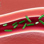 Immagine concettuale fotorealistica dell'intestino di un topo con batteri Salmonella visibili, e una rappresentazione stilizzata di aminoacidi che interagiscono con il microbiota. Obiettivo macro, 60mm, illuminazione controllata per evidenziare i dettagli, profondità di campo.