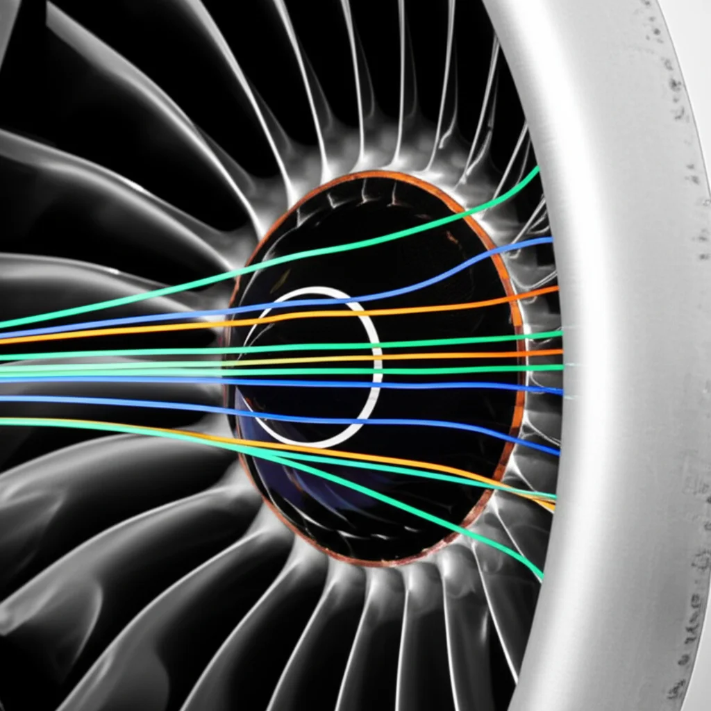 Immagine fotorealistica di una sezione di una pala di compressore aeronautico, obiettivo macro 100mm, con visualizzazione stilizzata del flusso d'aria Mach previsto da una rete neurale, illuminazione da studio controllata, alta definizione dei dettagli sulla superficie metallica e sulle linee di flusso.