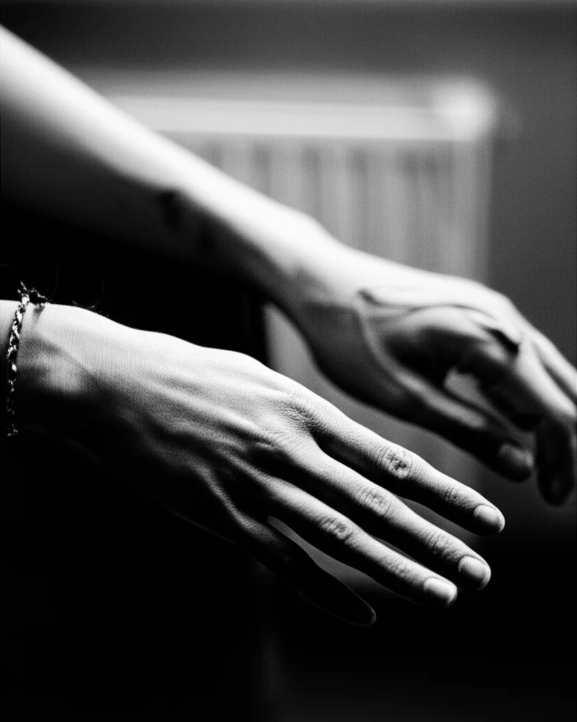 Immagine simbolica della comunicazione e del supporto tra persone che fanno uso di droghe per via iniettiva, con un focus sulla rivelazione dello stato di HCV. Portrait photography, 35mm, film noir style, con un forte contrasto tra luci e ombre per sottolineare la serietà e l'intimità del momento.