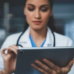 Photorealistic image of a medical professional reviewing patient charts and lab results on a tablet, 35mm portrait lens, depth of field, focusing on the challenge of diagnosing complex conditions in oncology patients.
