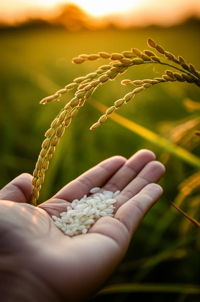 Primo piano di una mano che tiene delle spighe di riso con chicchi visibili, alcuni dei quali mostrano segni di gessatura, su uno sfondo di campo di riso al tramonto. Lente macro, 70mm, profondità di campo ridotta per focalizzare sui chicchi, illuminazione calda e naturale.