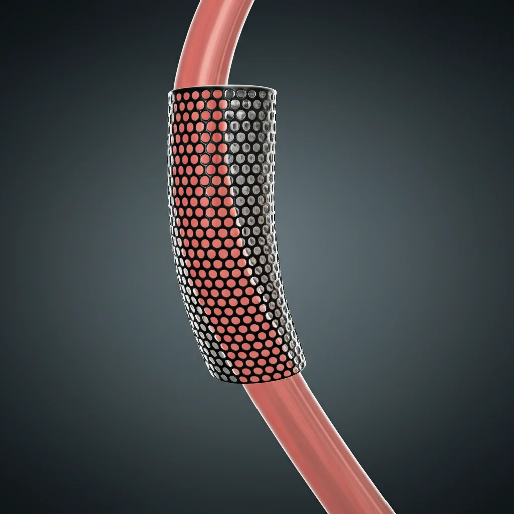 Primo piano macro di uno stent medico flessibile posizionato all'interno di un modello anatomico trasparente di un cuore neonatale con dotto arterioso pervio visibile, illuminazione drammatica laterale per evidenziare la struttura dello stent, alta definizione, sfondo scuro.