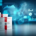 Scatto grandangolare, obiettivo 24mm, messa a fuoco nitida, mostra un ambiente moderno di laboratorio di ricerca medica con visualizzazioni di dati luminose che rappresentano statistiche sull'aderenza dei pazienti sullo sfondo, e in primo piano, scatole di farmaci GLP-1 RA e SGLT2i ordinatamente disposte su una superficie pulita.