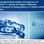 Una visualizzazione artistica di compresse di Danziten™ e capsule di Tasigna® affiancate, con grafici di farmacocinetica sullo sfondo che mostrano la bioequivalenza e il ridotto effetto del cibo. Macro lens, 100mm, high detail, precise focusing, controlled lighting.