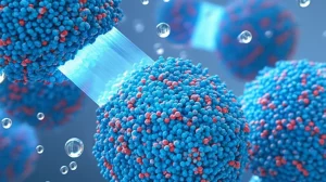 Visualizzazione artistica di nanoparticelle di ZnO che interagiscono con molecole di colorante blu sotto irradiazione luminosa, con fasci di luce che attivano le particelle. Dettaglio elevato, illuminazione drammatica, concetto di purificazione dell'acqua e nanotecnologia. Obiettivo macro 80mm, sfondo con molecole d'acqua stilizzate.