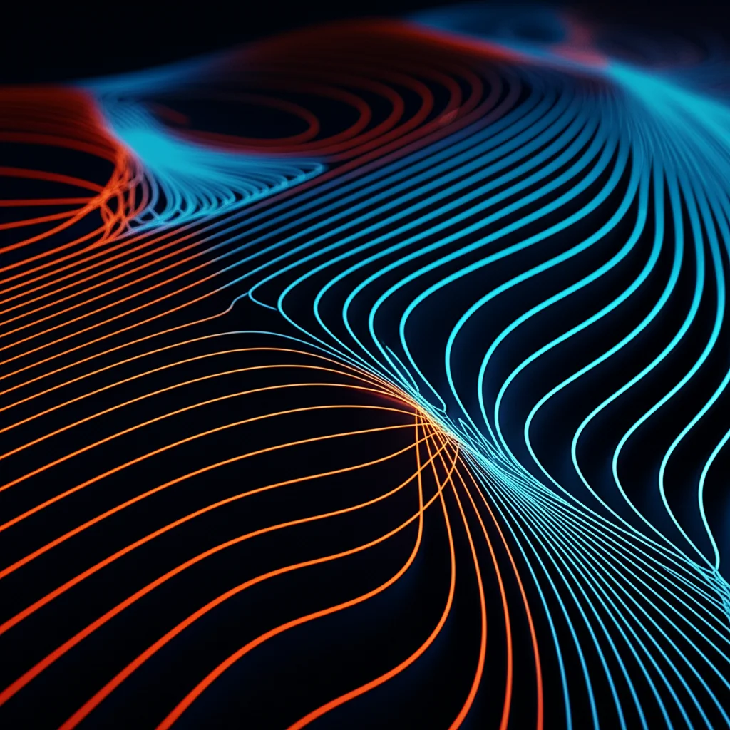 Visualizzazione artistica di una rete neurale wavelet Ricker che analizza il trasferimento di calore in un fluido di Maxwell che scorre su una lastra porosa estensibile. Colori vibranti come blu elettrico e arancione caldo rappresentano il flusso di calore e i dati che si muovono attraverso la rete. Macro lens, 80mm, high detail, precise focusing, controlled lighting, duotone blu e arancione.