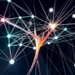 Visualizzazione astratta di una rete neurale o emotiva complessa, con nodi luminosi che rappresentano sintomi come 'umore depresso' e 'panico' ed eventi come 'stress accademico'. Linee di diversa intensità e colore collegano i nodi su uno sfondo scuro per un forte impatto visivo. Obiettivo macro 100mm per dettagli nitidi sui nodi e sulle connessioni, illuminazione controllata per enfatizzare la tridimensionalità della rete.