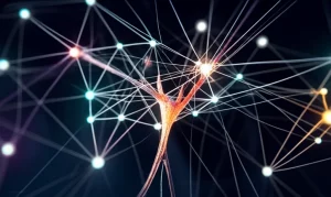 Visualizzazione astratta di una rete neurale o emotiva complessa, con nodi luminosi che rappresentano sintomi come 'umore depresso' e 'panico' ed eventi come 'stress accademico'. Linee di diversa intensità e colore collegano i nodi su uno sfondo scuro per un forte impatto visivo. Obiettivo macro 100mm per dettagli nitidi sui nodi e sulle connessioni, illuminazione controllata per enfatizzare la tridimensionalità della rete.