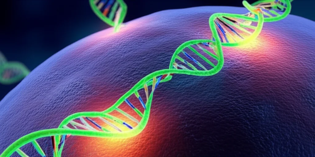 Visualizzazione scientifica di cellule di adenocarcinoma polmonare che subiscono una trasformazione basal-shift, con DNA e recettori EGFR stilizzati e illuminati, in un ambiente di laboratorio high-tech, macro lens 105mm, illuminazione drammatica e precisa focalizzata sulle strutture cellulari.