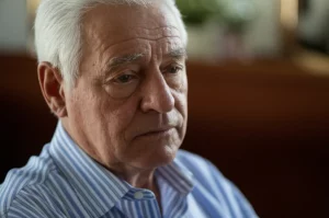 A 35mm portrait of a thoughtful older adult, shallow depth of field, photorealistic.