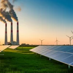 Contrasto visivo tra ciminiere industriali che emettono fumo scuro e un campo lussureggiante con turbine eoliche e pannelli solari sotto un cielo sereno, simboleggiando la dicotomia tra crescita economica tradizionale e sviluppo sostenibile in India. Scatto con obiettivo grandangolare 20mm per un'ampia prospettiva, messa a fuoco nitida su entrambi gli elementi, illuminazione drammatica del tardo pomeriggio.