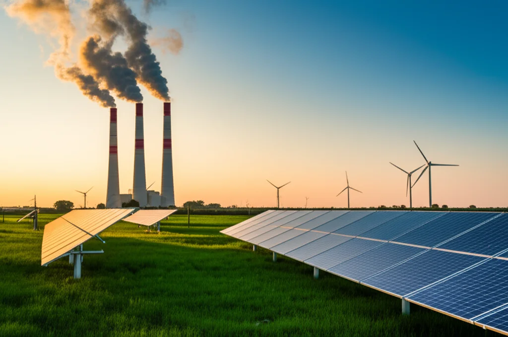 Contrasto visivo tra ciminiere industriali che emettono fumo scuro e un campo lussureggiante con turbine eoliche e pannelli solari sotto un cielo sereno, simboleggiando la dicotomia tra crescita economica tradizionale e sviluppo sostenibile in India. Scatto con obiettivo grandangolare 20mm per un'ampia prospettiva, messa a fuoco nitida su entrambi gli elementi, illuminazione drammatica del tardo pomeriggio.