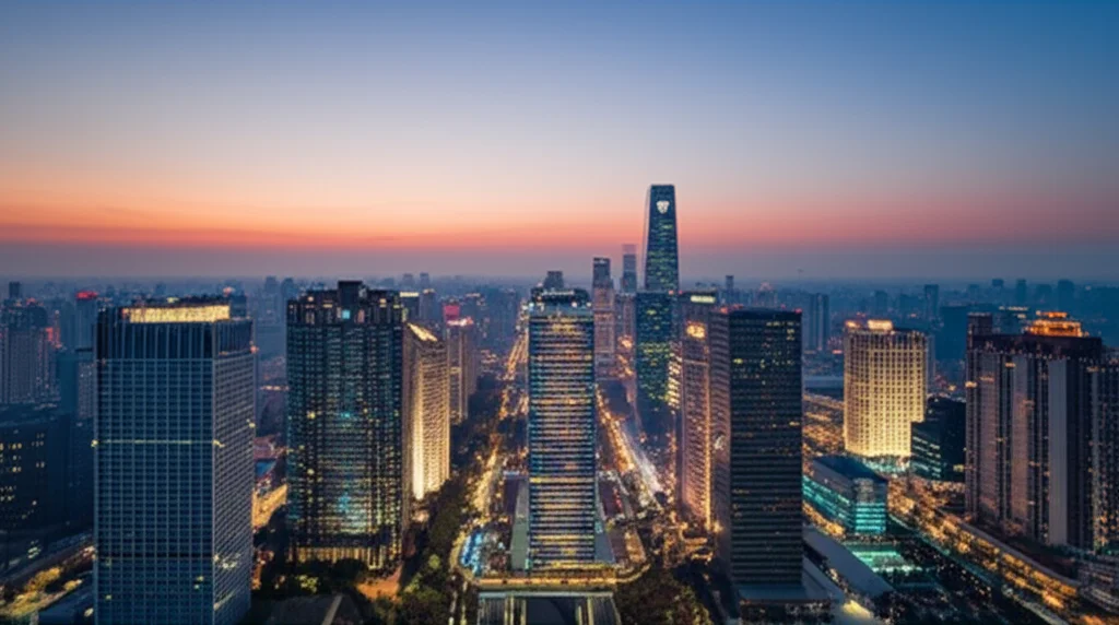 Fotografia paesaggistica grandangolare (10-24mm) dello skyline di Pechino al crepuscolo con aria visibilmente più pulita, simboleggiando la riduzione dell'inquinamento da black carbon nel decennio 2013-2022, messa a fuoco nitida sull'orizzonte, luci della città accese.