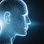 Immagine concettuale di onde sonore che emanano da una silhouette di una persona, trasformandosi in dati e grafici scientifici, a simboleggiare la voce del paziente che informa la ricerca sulla SLA. Utilizzare un obiettivo grandangolare da 24mm per catturare l'ampiezza della trasformazione, con un effetto duotone blu e argento per un look moderno e tecnologico, profondità di campo per mettere a fuoco la transizione.