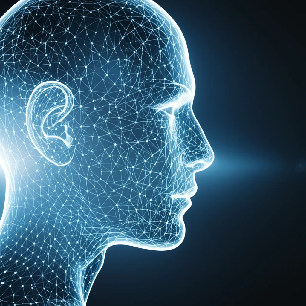 Immagine concettuale di onde sonore che emanano da una silhouette di una persona, trasformandosi in dati e grafici scientifici, a simboleggiare la voce del paziente che informa la ricerca sulla SLA. Utilizzare un obiettivo grandangolare da 24mm per catturare l'ampiezza della trasformazione, con un effetto duotone blu e argento per un look moderno e tecnologico, profondità di campo per mettere a fuoco la transizione.