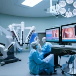 Immagine di un braccio robotico chirurgico da Vinci in azione durante un'operazione all'esofago, con il team medico sullo sfondo che osserva i monitor. Dettagli high-tech, illuminazione da sala operatoria, prime lens, 24mm, profondità di campo, atmosfera concentrata e professionale.