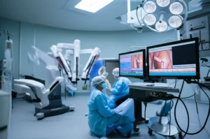 Immagine di un braccio robotico chirurgico da Vinci in azione durante un'operazione all'esofago, con il team medico sullo sfondo che osserva i monitor. Dettagli high-tech, illuminazione da sala operatoria, prime lens, 24mm, profondità di campo, atmosfera concentrata e professionale.