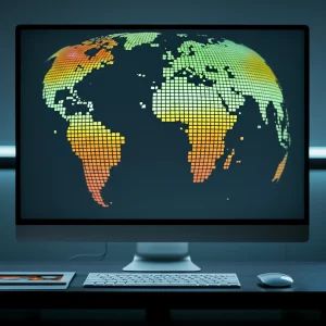 Immagine fotorealistica di un globo terrestre digitale con sovrapposte mappe di calore che indicano i livelli di insicurezza alimentare in diverse regioni, visualizzato su uno schermo in una sala di controllo dati moderna. Obiettivo grandangolare 10mm, messa a fuoco nitida, illuminazione controllata.