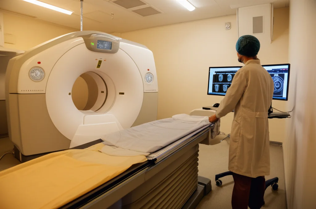 Immagine fotorealistica di uno scanner PET/CT all'avanguardia in funzione, con un tecnico che monitora i dati su uno schermo nelle vicinanze. Obiettivo 24mm per una vista leggermente ampia della stanza, profondità di campo che mantiene a fuoco sia lo scanner che il tecnico, illuminazione clinica ma calda, tecnologia medica avanzata.