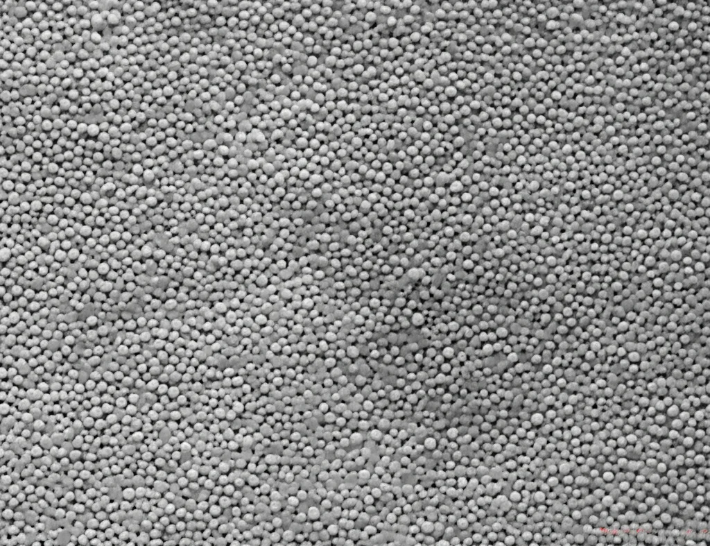 Macro fotografia, lente 60mm, della texture porosa di un campione di geopolimero grigio-scuro in laboratorio, con piccole particelle lucide (simulazione di metalli adsorbiti) visibili sulla superficie, illuminazione controllata e precisa, alta definizione.