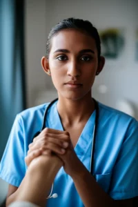 Photorealistic portrait photography, 35mm lens, of a compassionate nursing student making eye contact and gently holding the hand of an elderly patient in a hospital room, soft lighting, depth of field.