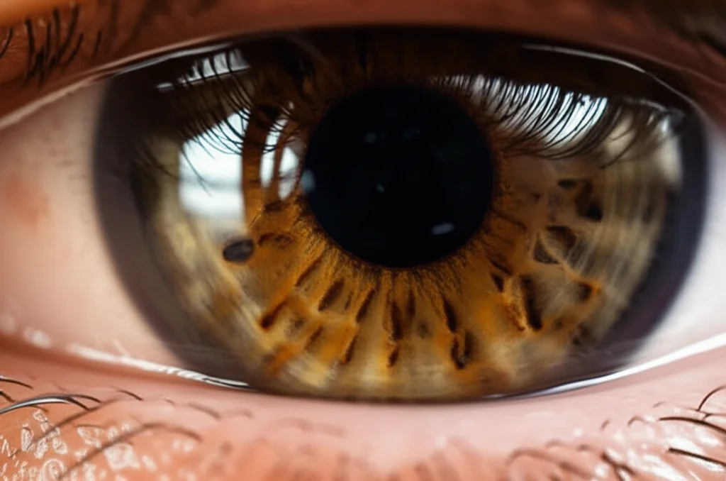 Primo piano di un occhio umano durante un esame con lampada a fessura, si intravede una lente intraoculare multifocale perfettamente centrata. Illuminazione controllata per evidenziare i dettagli dell'occhio e della lente, obiettivo macro 100mm, alta definizione, sfondo scuro per far risaltare l'occhio.