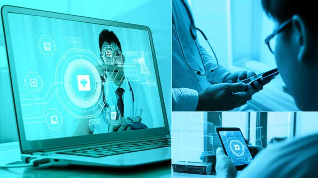 Un collage dinamico che mostra diverse sfaccettature della salute digitale durante una pandemia: un medico in televisita su un laptop, una persona che usa un'app per la salute sul proprio smartphone, grafici di dati epidemiologici proiettati olograficamente e un simbolo stilizzato dell'AI che analizza informazioni. Obiettivo zoom 24-35mm, colori vibranti ma seri, con un focus sulla tecnologia che aiuta le persone. Illuminazione controllata per un look professionale e moderno, con un leggero effetto duotone ciano e magenta per un tocco contemporaneo.