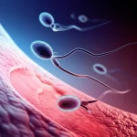 Un'immagine concettuale fotorealistica che mostra parassiti di Toxoplasma gondii stilizzati che fluttuano vicino a una rappresentazione di un ovaio, con un effetto di luce che suggerisce infiammazione. Lens type: Prime, Focal length: 35mm, Additional details: Depth of field, duotone blu e rosso per rappresentare salute e infiammazione.