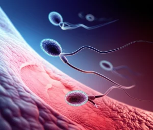 Un'immagine concettuale fotorealistica che mostra parassiti di Toxoplasma gondii stilizzati che fluttuano vicino a una rappresentazione di un ovaio, con un effetto di luce che suggerisce infiammazione. Lens type: Prime, Focal length: 35mm, Additional details: Depth of field, duotone blu e rosso per rappresentare salute e infiammazione.