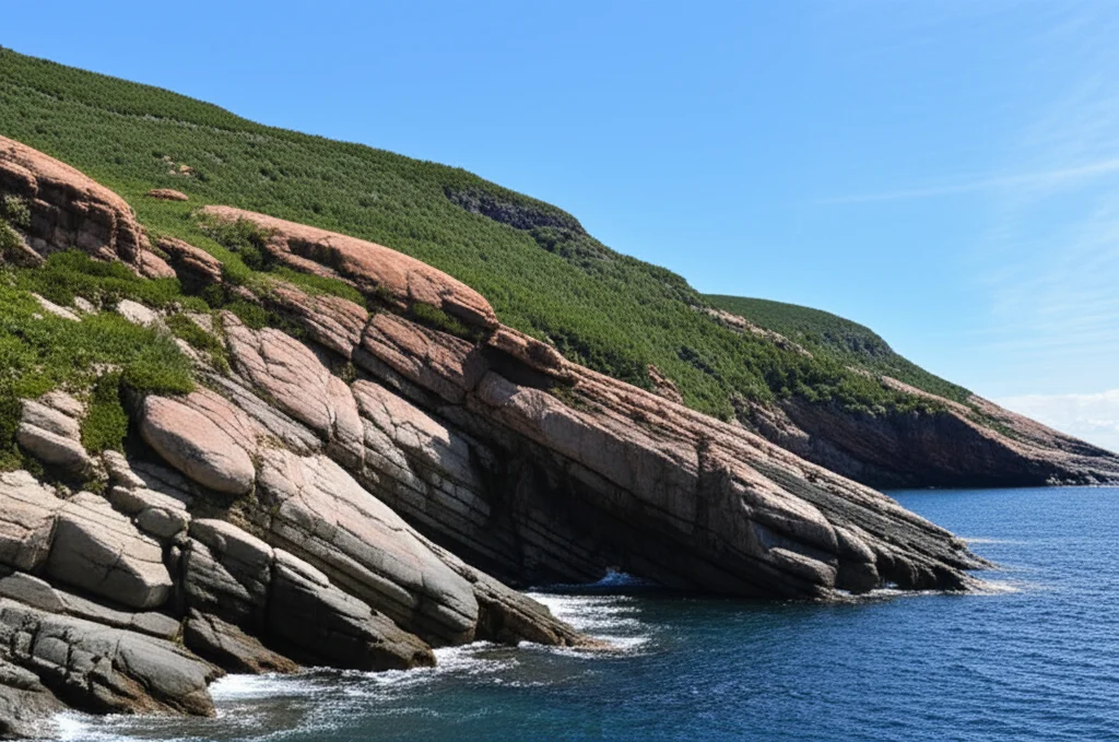 Veduta aerea di una sezione geologica degli Appalachi di Terranova, che mostra diverse formazioni di rocce ignee con colori e texture variabili. Obiettivo grandangolare, focale 18mm, luce naturale del tardo pomeriggio per esaltare i rilievi, alta definizione, focus nitido su tutta l'inquadratura.